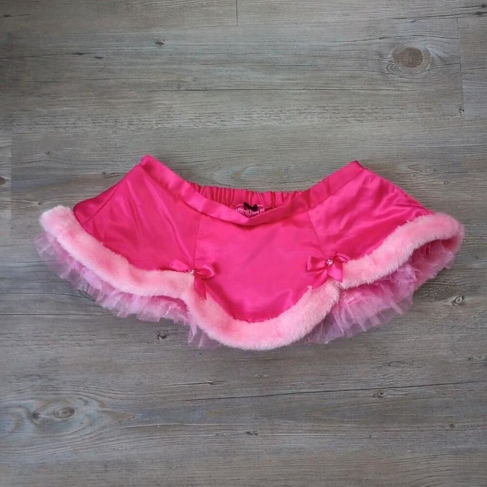 Y2K Pink Satin Rhinestone Fur Micro Mini Skirt